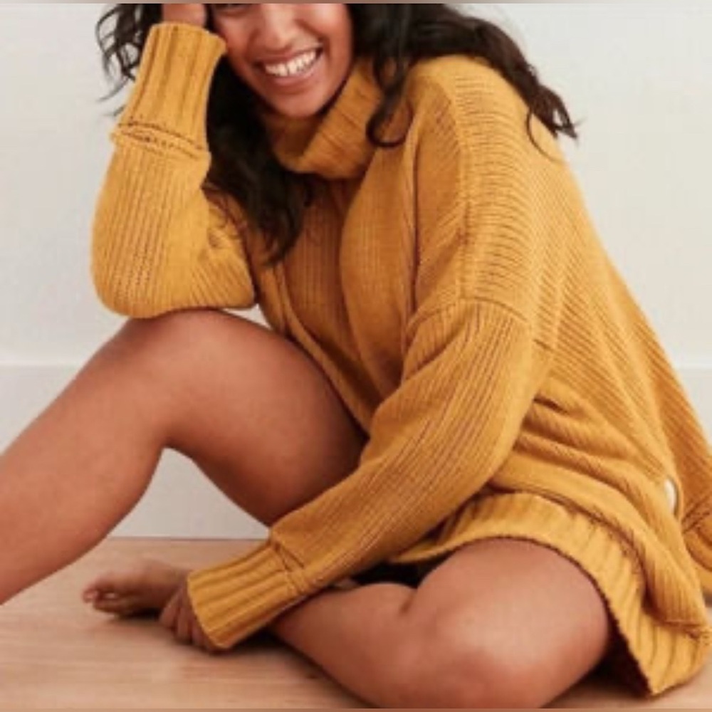 Aerie Chenille Sunset Oversized Turtleneck Sweater Mustard Yellow Size Small